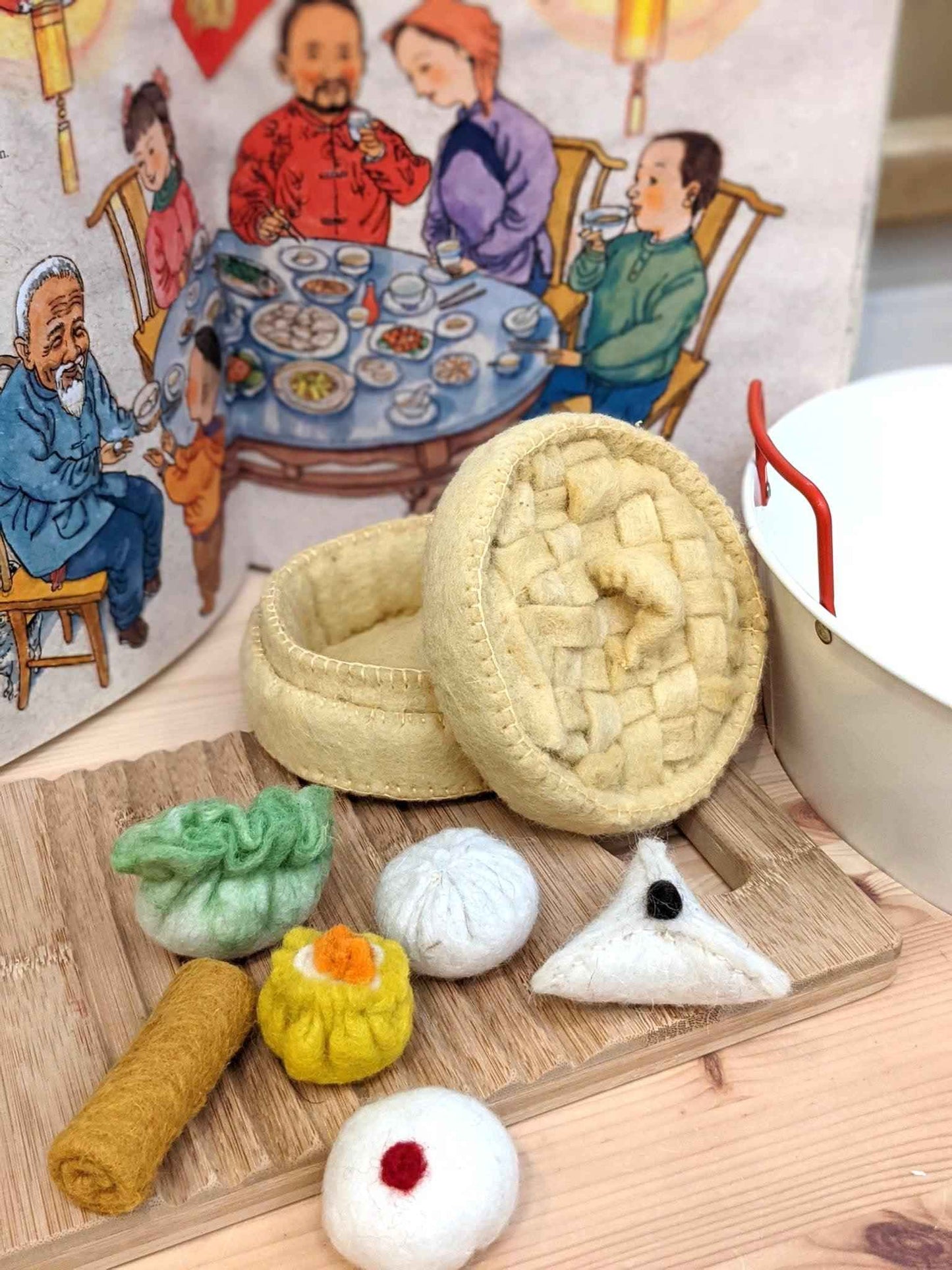 Papoose Felt Yum Cha Steamer Basket Set of 2 Pretend & Imaginative Play Kitchen Accessories 3yrs+