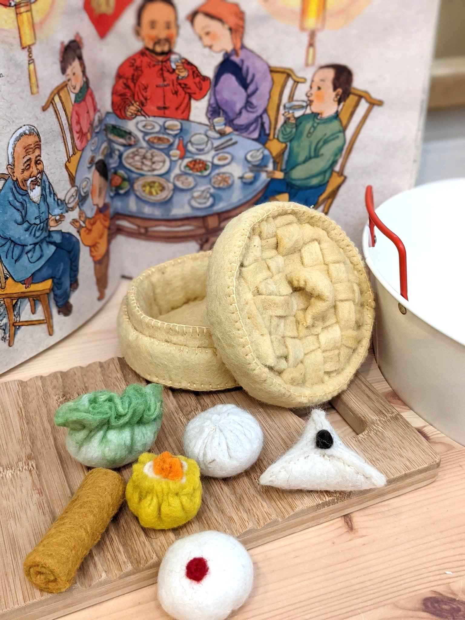 Papoose Felt Yum Cha Steamer Basket Set of 2 Pretend & Imaginative Play Kitchen Accessories 3yrs+