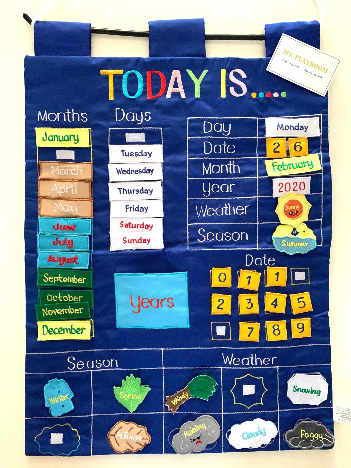 Today is English Fabric Calendar Wall Chart Blue Early Math Cognitive Language Developmental Toys for Toddlers Best Seller 3yrs+