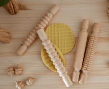 Medium Wooden Pattern Rolling Pins set of 4 Playdough Sand Toys Art and Crafts for Kids 3yrs+