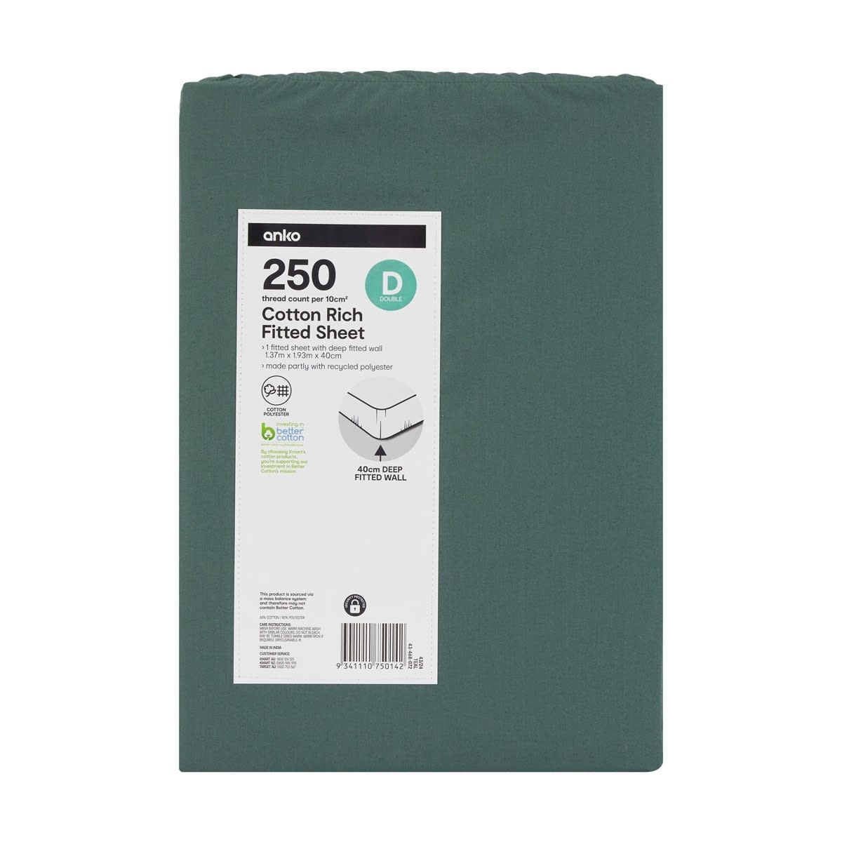 250 Thread Count Cotton Rich Fitted Sheet - Double Bed, Teal
