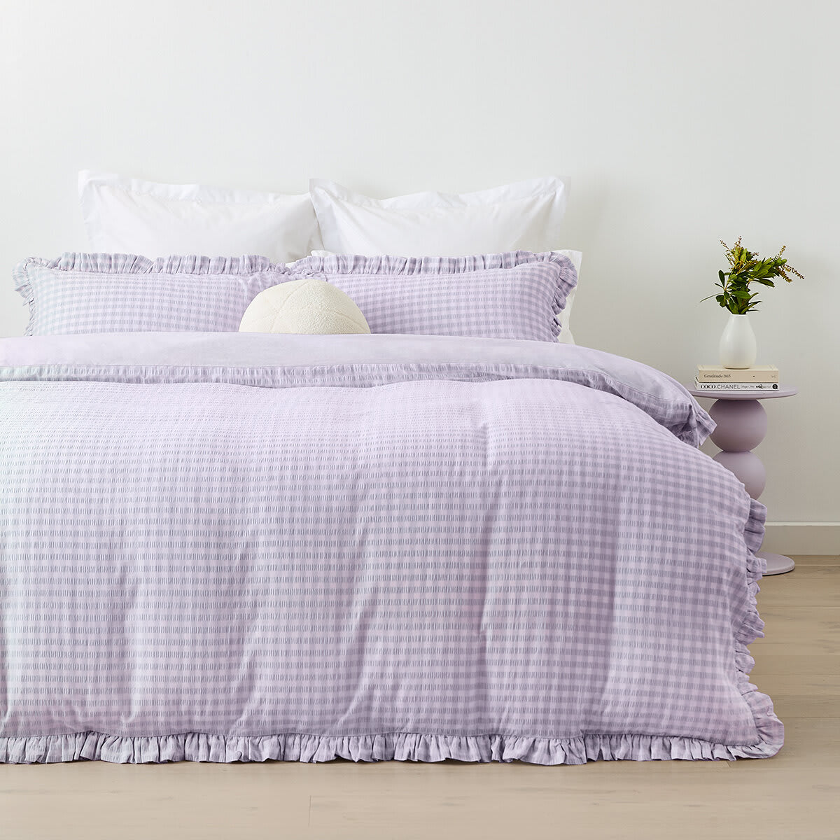 Gingham Ruffle Cotton Quilt Cover Set - Queen Bed, Lilac