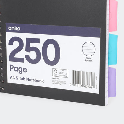 250 Page A4 5 Tab Notebook - Black