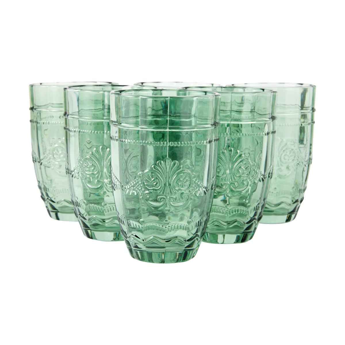 6 Green Ornate Highball Glasses