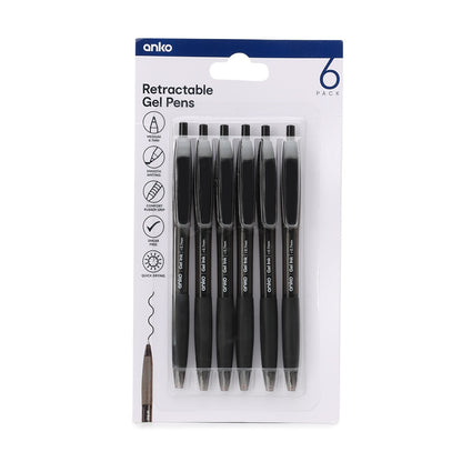 6 Pack Retractable Gel Pens - Black