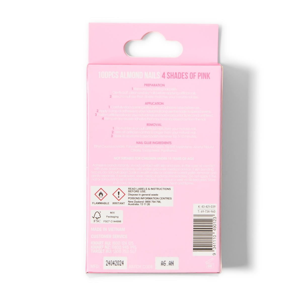 OXX Cosmetics 100 Pack Artificial Nails with Adhesive - Almond Shape, Pink