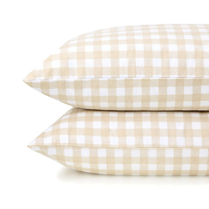 Gingham Cotton Flannelette Sheet Set - Double Bed, Tan