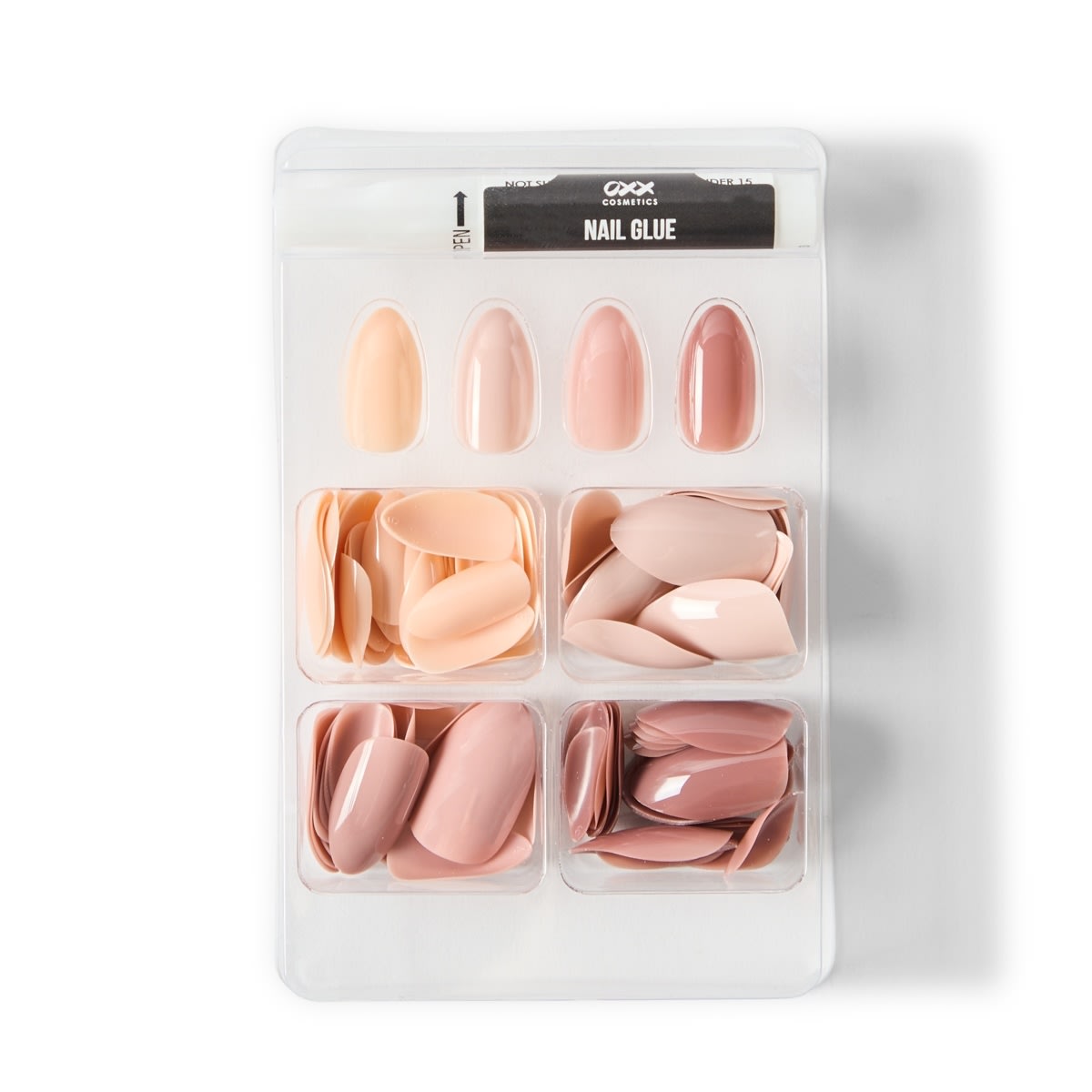 OXX Cosmetics 100 Pack Artificial Nails with Adhesive - Almond Shape, Nude