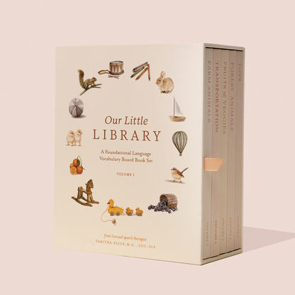 Our Little Library Vol. 1 (5 Board Books) by Paige Tate First Words Books Introducing Farm, Forest Animals, Fruits, Veggies, Toys and Transportation