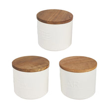 Set of 3 Off White Canisters with Acacia Lids