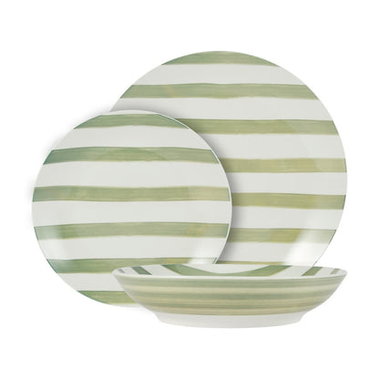 12 Piece Green Stripe Dinner Set