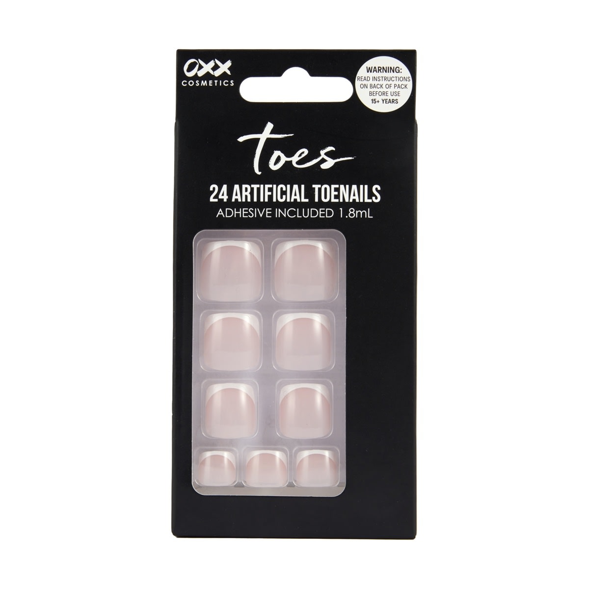 OXX Cosmetics 24 Pack Artificial Toenails with Adhesive - French Tip, Pink