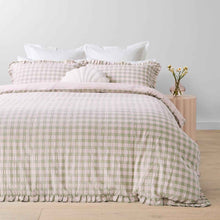 Gingham Ruffle Cotton Quilt Cover Set - Queen Bed, Sage and Pink