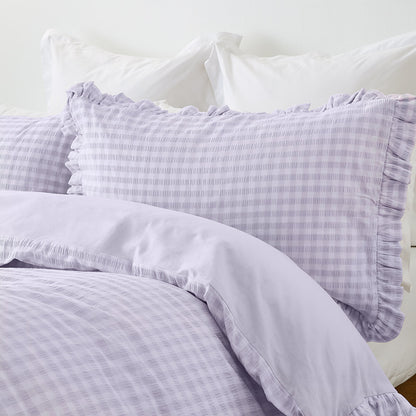 Gingham Ruffle Cotton Quilt Cover Set - Queen Bed, Lilac
