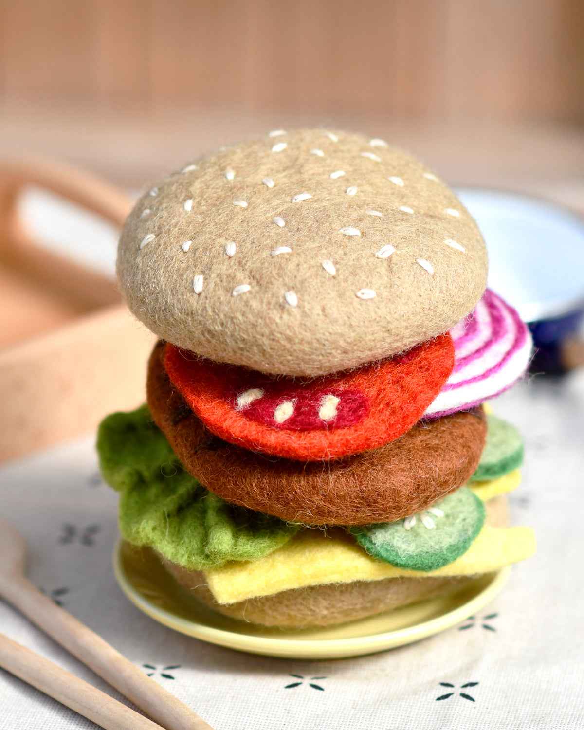 Tara Treasures Felt Burger Stack Set Pretend and Imaginative Play Kitchen Accessories 3yrs+