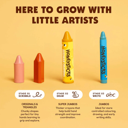 Honeysticks Beeswax Crayons Jumbos 12 Colours Toddler Art and Craft for Kids Developmental Toys for Toddlers 12m+