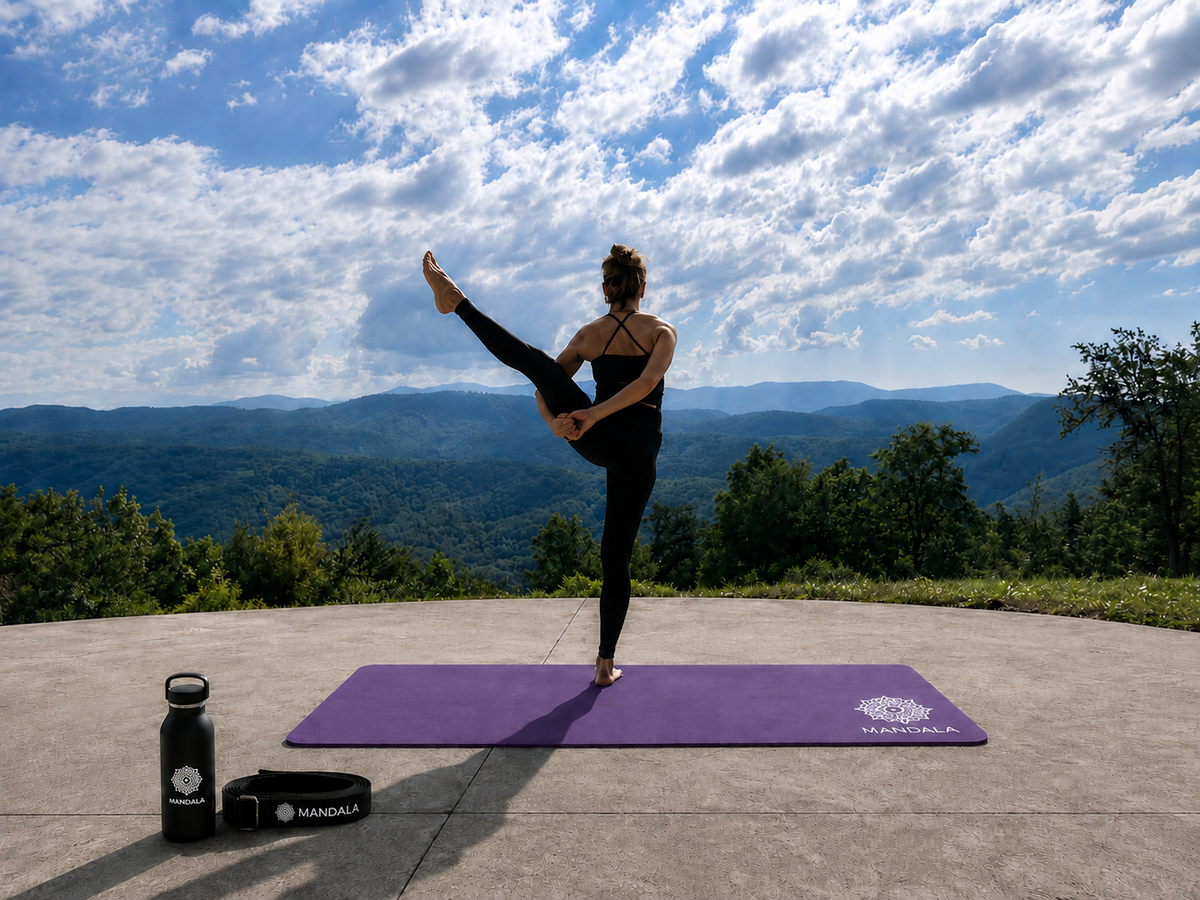 Mandala Yoga Mat Premium Bundle, Includes Yoga Mat 188cm H x 61cm W, Yoga Strap & Steel Hydration Bottle - Purple