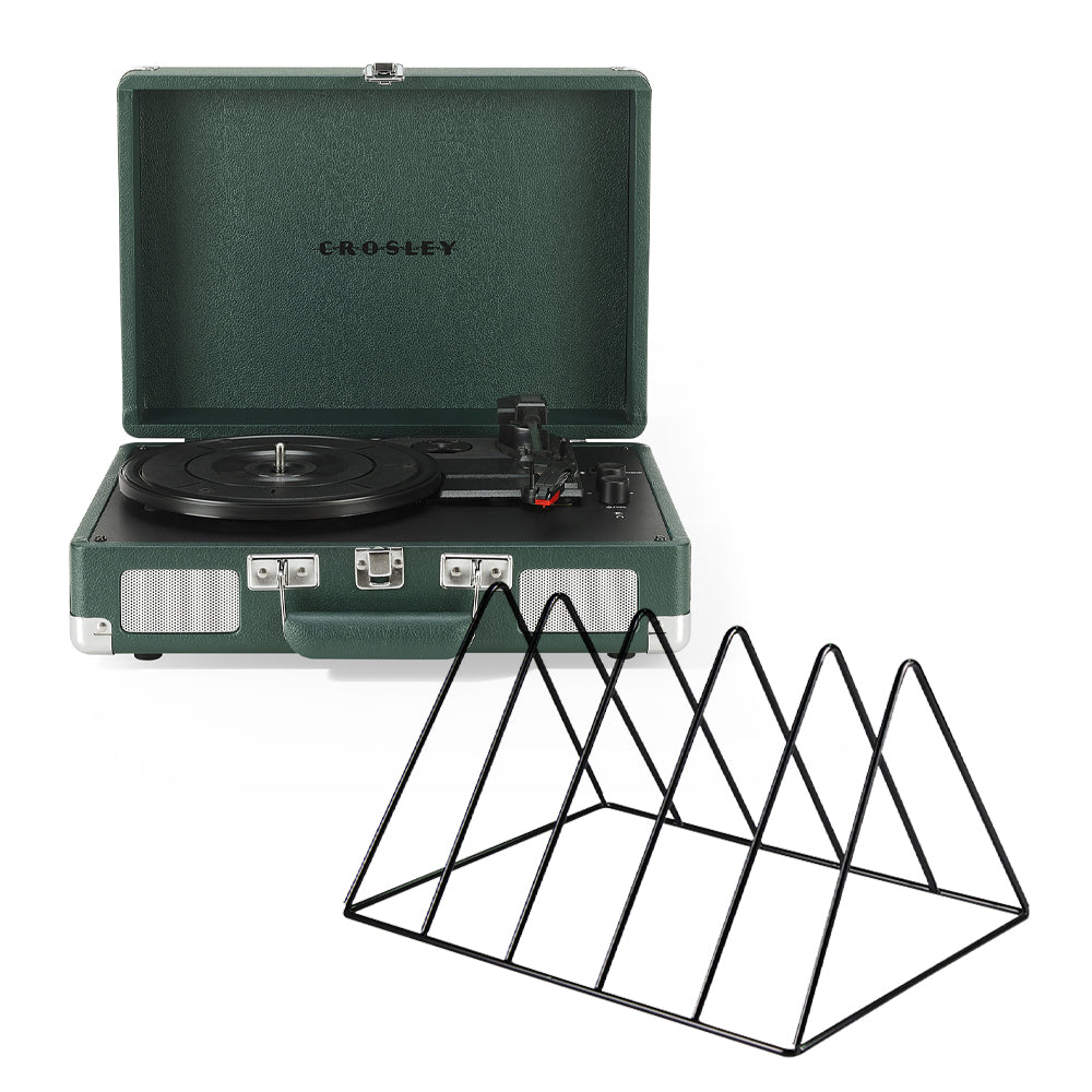 Cruiser Bluetooth Portable Turntable - Emerald Green + Vinyl Rack Bundle - Black