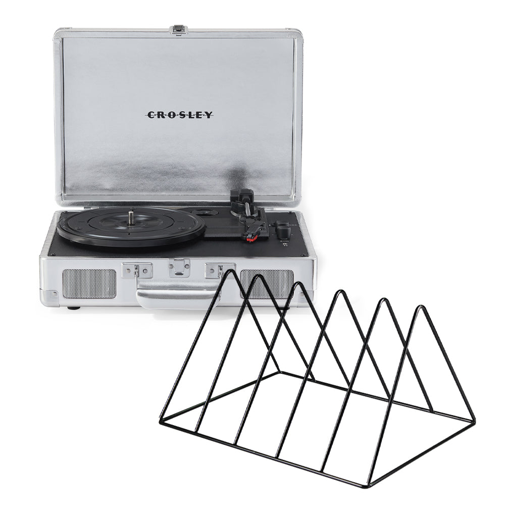 Cruiser Bluetooth Portable Turntable - Silver + Vinyl Rack Bundle - Black