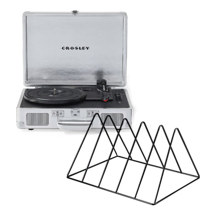 Cruiser Bluetooth Portable Turntable - Silver + Vinyl Rack Bundle - Black