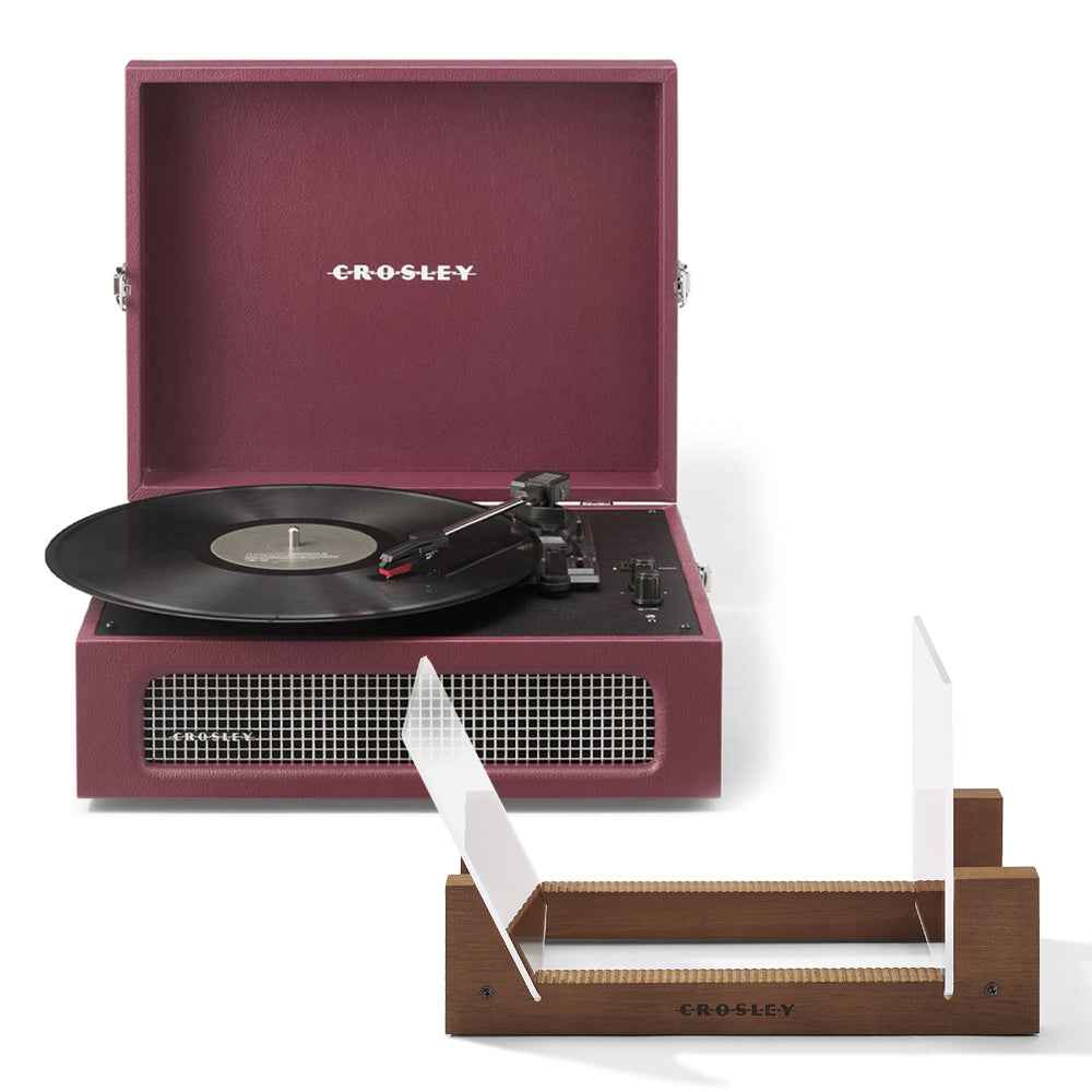 Crosley Voyager Bluetooth Portable Turntable + Bundled Crosley Record Storage Display Stand - Burgundy