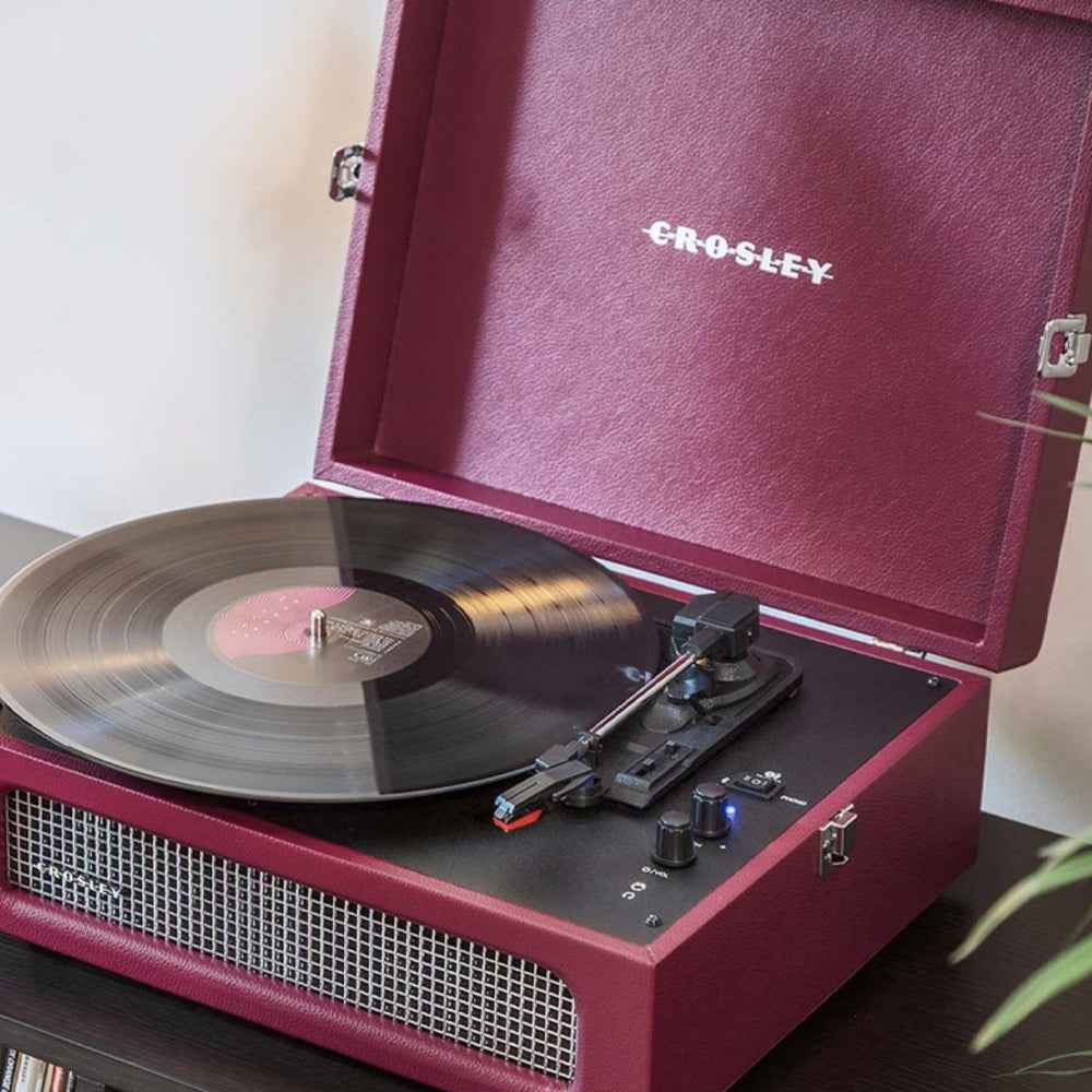 Crosley Voyager Bluetooth Portable Turntable + Bundled Crosley Record Storage Display Stand - Burgundy