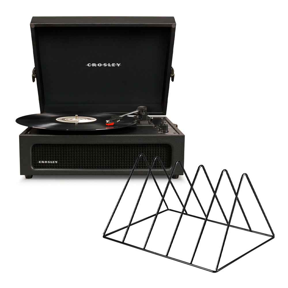 Voyager Bluetooth Portable Turntable - Black + Vinyl Rack Bundle - Black