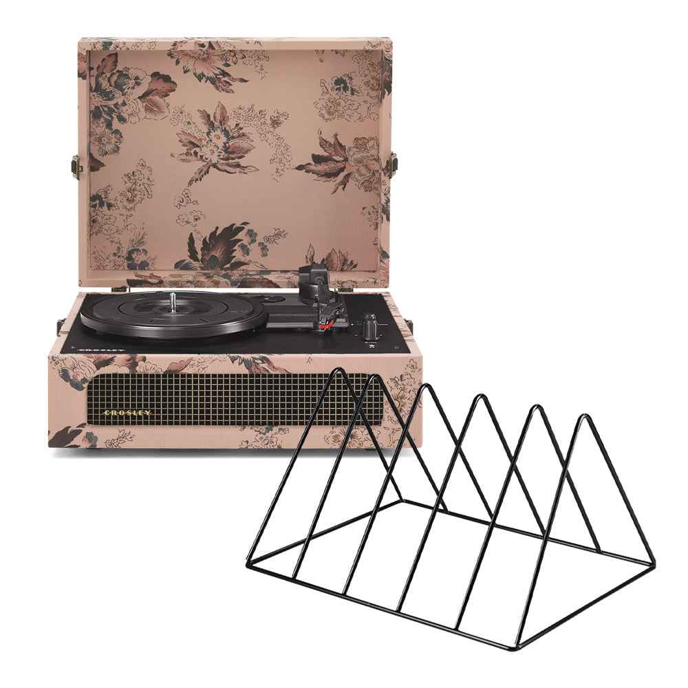 Voyager Bluetooth Portable Turntable - Floral + Vinyl Rack Bundle - Black