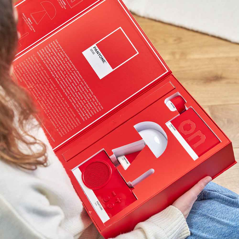 Lexon GIFT Set PANTONE - Includes Mino+ Mini Speaker, Flip Classic Clock, Mina M Lamp, Thykho 3  Speaker - 2035 Red