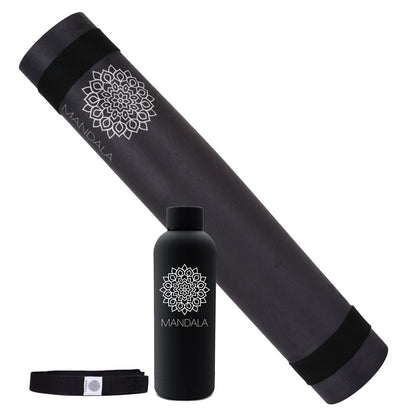 Mandala Yoga Mat Premium Bundle, Includes Yoga Mat 188cm H x 61cm W, Yoga Strap & Steel Hydration Bottle - Black