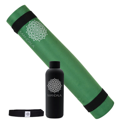 Mandala Yoga Mat Premium Bundle, Includes Yoga Mat 188cm H x 61cm W, Yoga Strap & Steel Hydration Bottle - Jade Green
