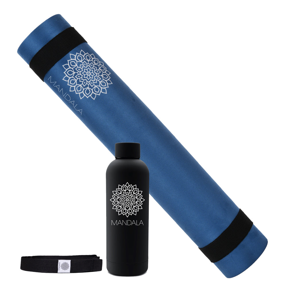 Mandala Yoga Mat Premium Bundle, Includes Yoga Mat 188cm H x 61cm W, Yoga Strap & Steel Hydration Bottle - Midnight Blue