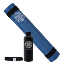Mandala Yoga Mat Premium Bundle, Includes Yoga Mat 188cm H x 61cm W, Yoga Strap & Steel Hydration Bottle - Midnight Blue
