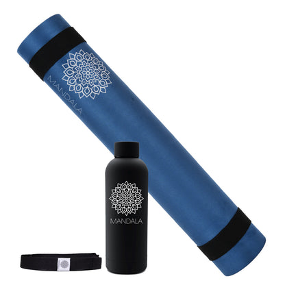 Mandala Yoga Mat Premium Bundle, Includes Yoga Mat 188cm H x 61cm W, Yoga Strap & Steel Hydration Bottle - Midnight Blue