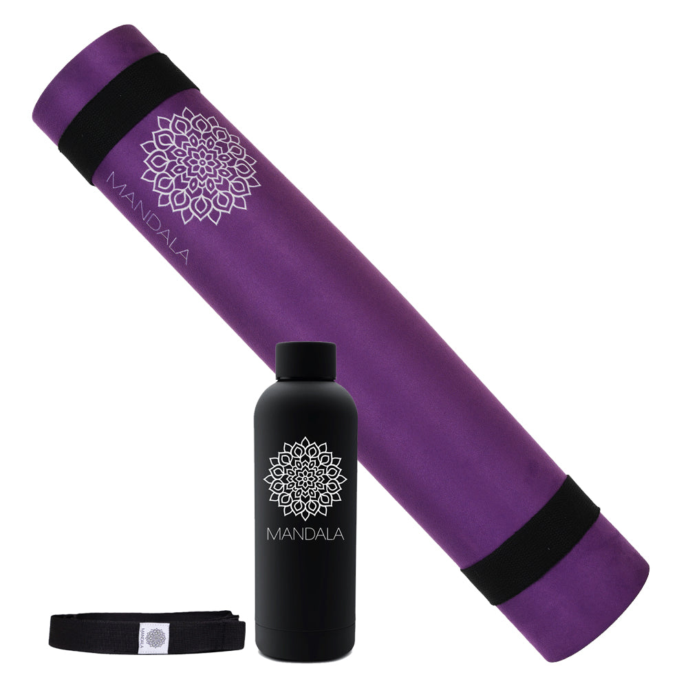 Mandala Yoga Mat Premium Bundle, Includes Yoga Mat 188cm H x 61cm W, Yoga Strap & Steel Hydration Bottle - Purple