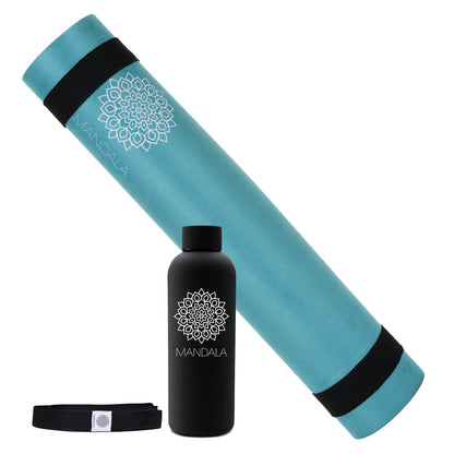 Mandala Yoga Mat Premium Bundle, Includes Yoga Mat 188cm H x 61cm W, Yoga Strap & Steel Hydration Bottle - Teal