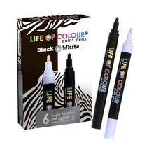 Life Of Colour All Surface Acrylic Paint Pens Black and White Medium 3mm Tip Set of 6 Stationary Art and Craft Retired 3yrs+