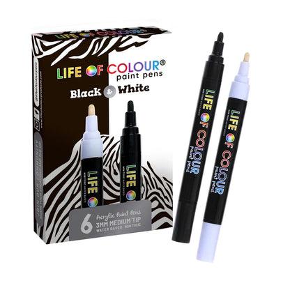 Life Of Colour All Surface Acrylic Paint Pens Black and White Medium 3mm Tip Set of 6 Stationary Art and Craft Retired 3yrs+