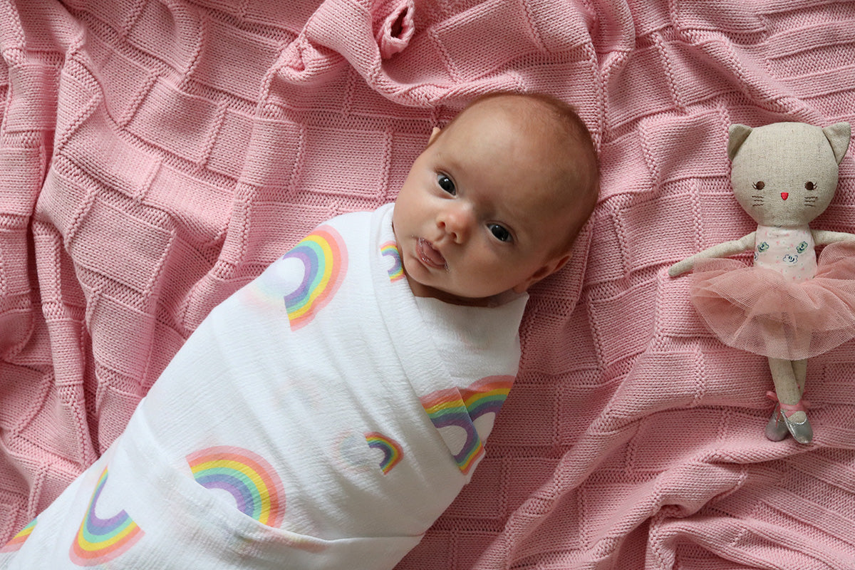 Stretch Muslin Wrap by Little Turtle Baby Color White with Rainbows