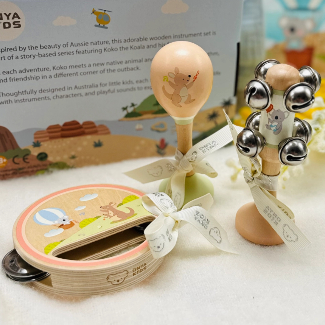 KoKo's Music Adventure Wooden My First Instrument set Koala & Kangaroo Australian Themed Design 3pcs Musical Instrument for kids Baby Toys Gift Idea for 18m+