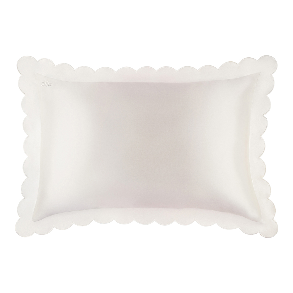 Pure Silk Queen Size Pillowcase with Scalloped Edge - White