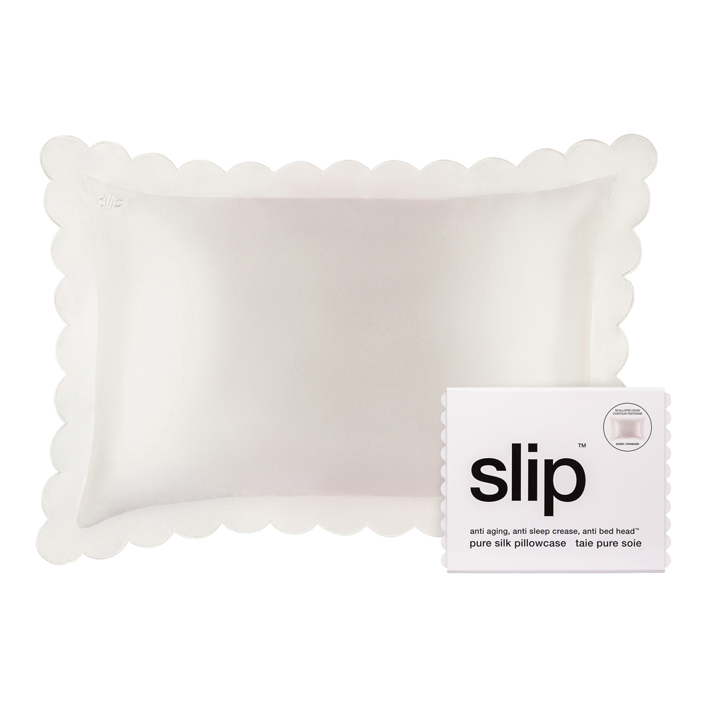 Pure Silk Queen Size Pillowcase with Scalloped Edge - White